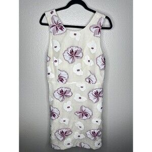 Ann Taylor Dress Womens 14 Ivory Purple Floral Jacquard Sleeveless Sheath Lined